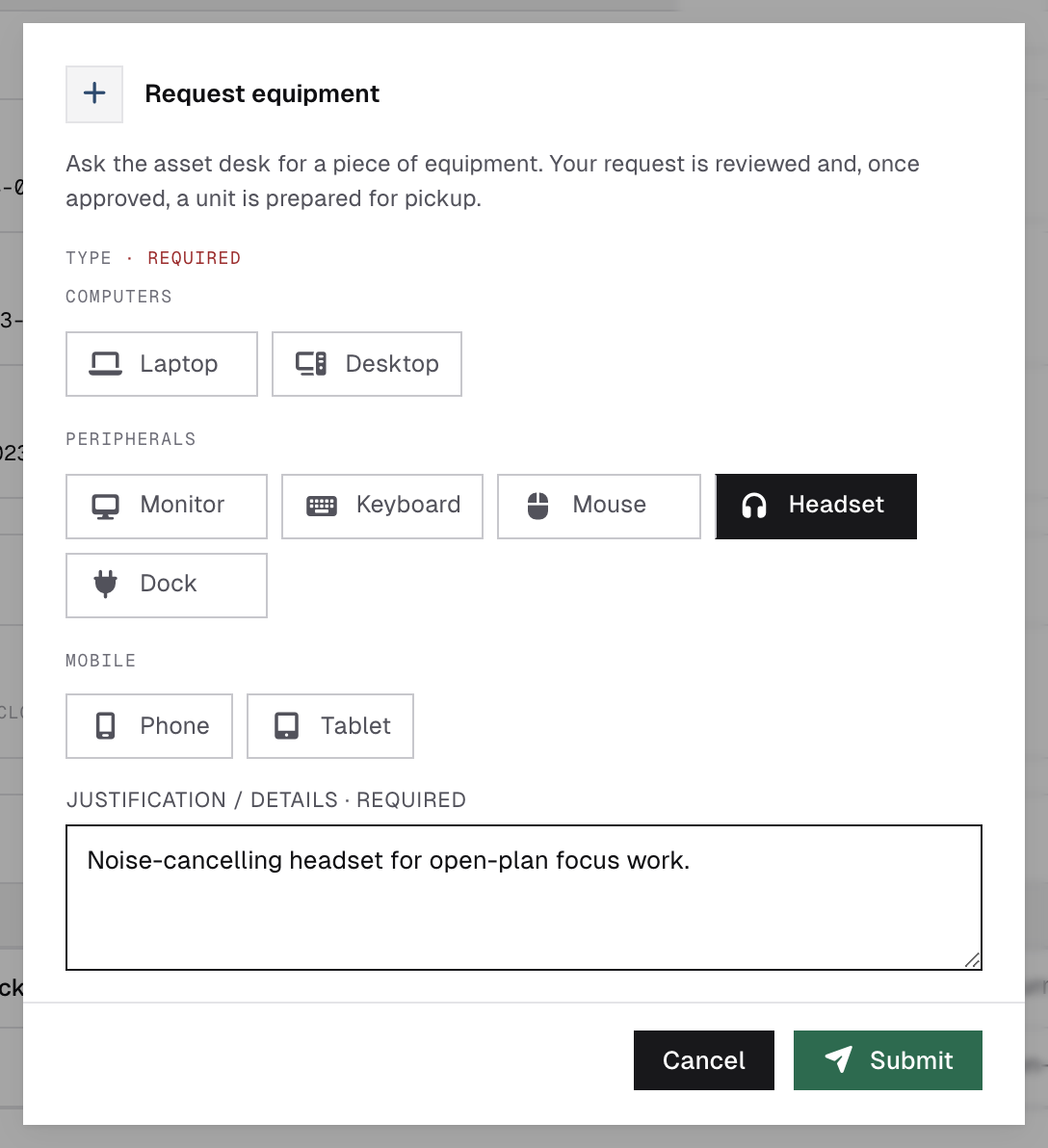 Request equipment dialog