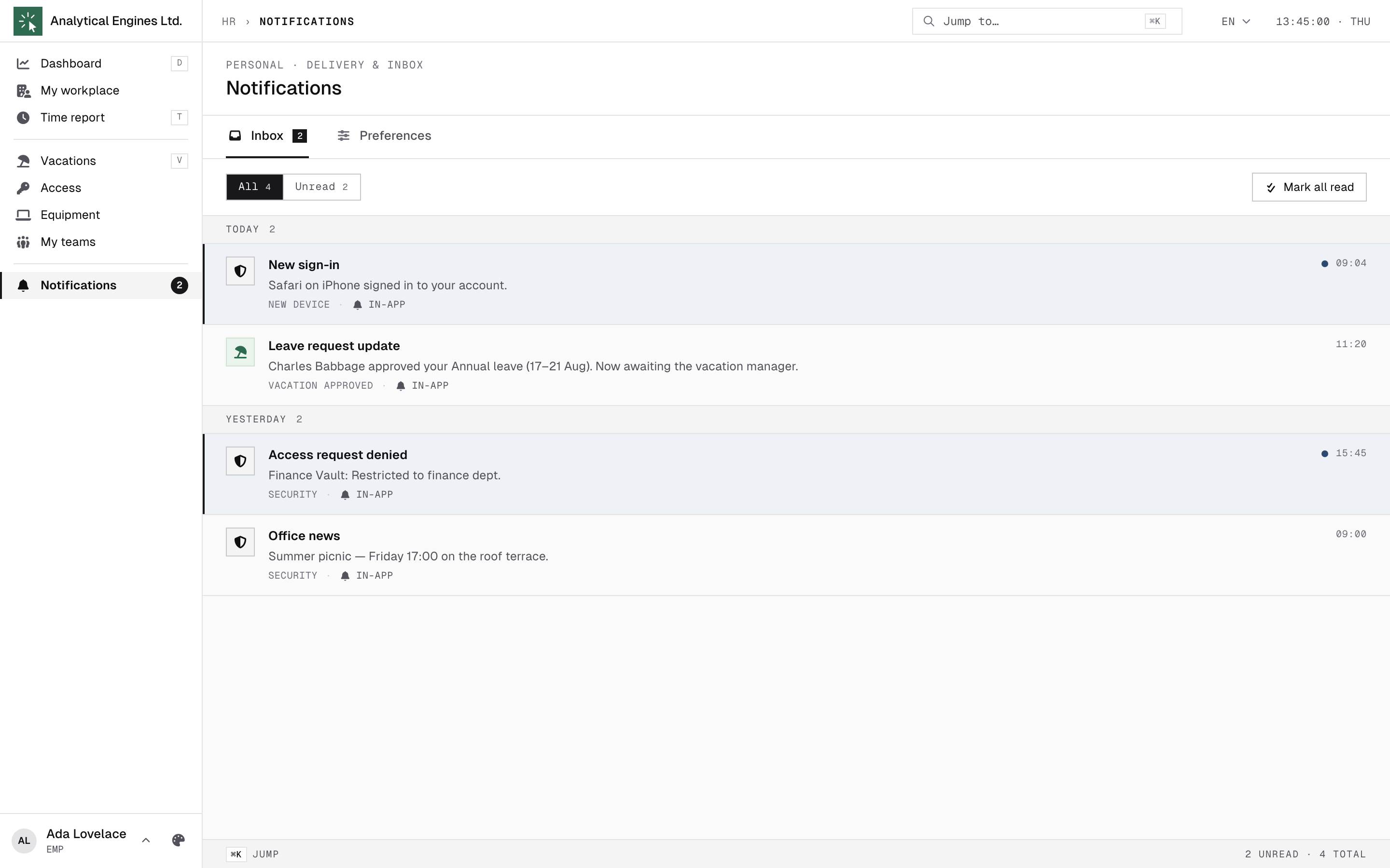 Notifications inbox
