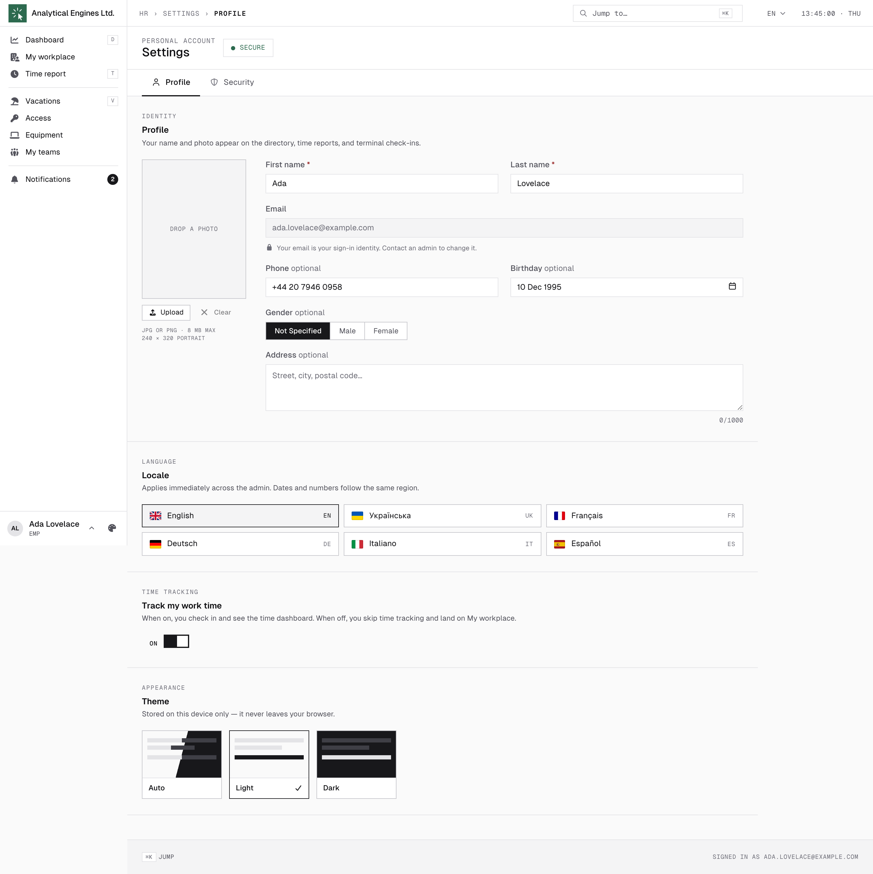 Profile settings