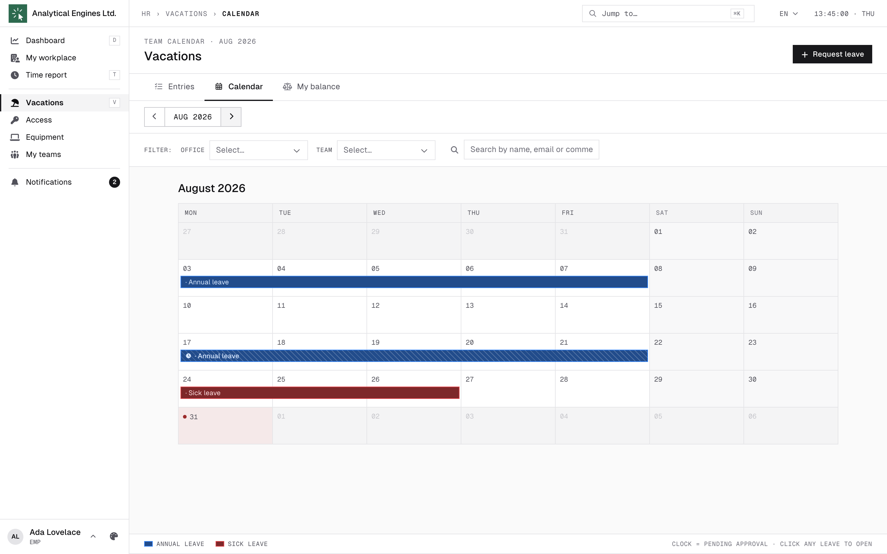 Vacation calendar
