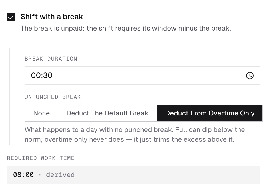 The break fields in the shift drawer