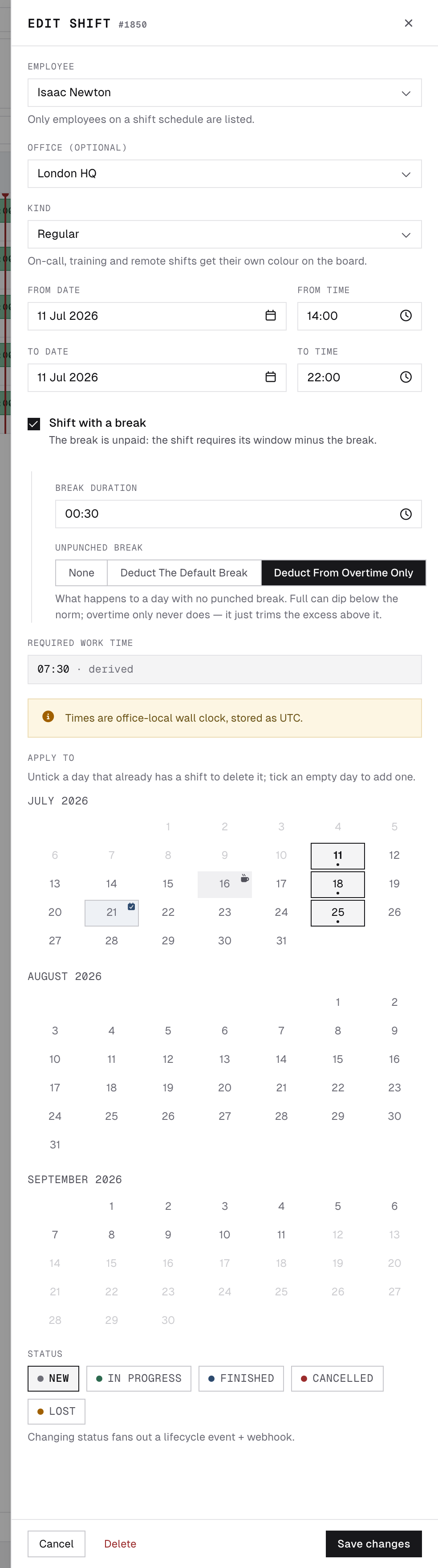 Editing a shift with the Apply to cascade calendar and status pills