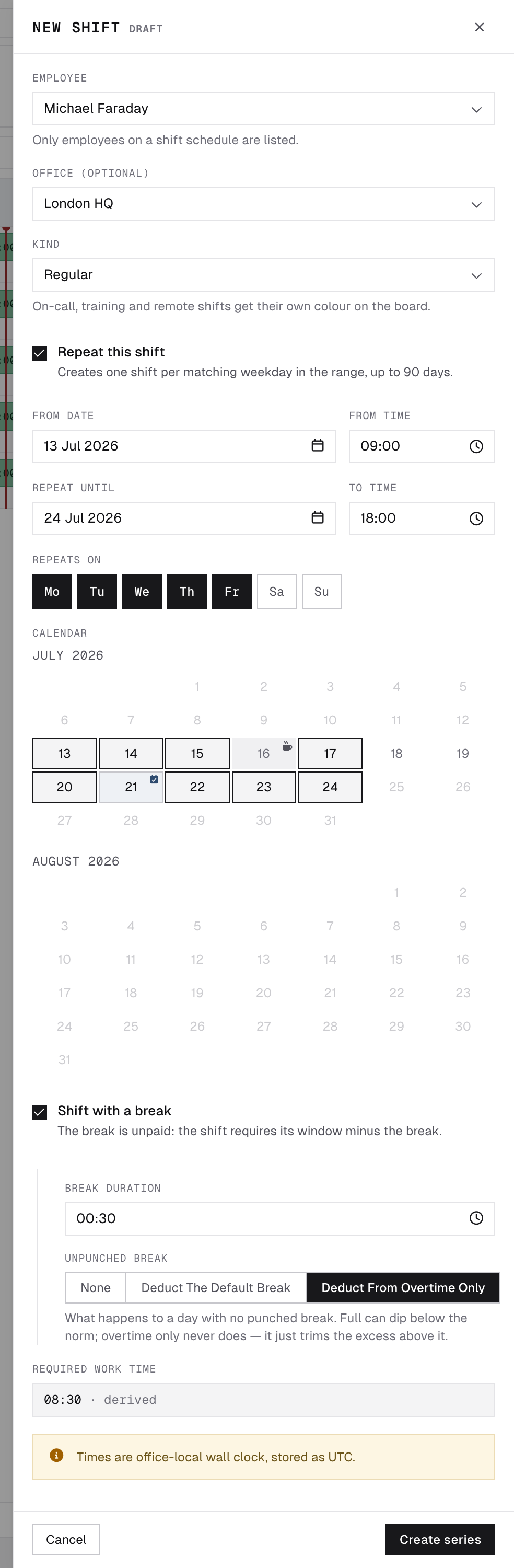 Shift drawer with the repeat pattern and preview calendar