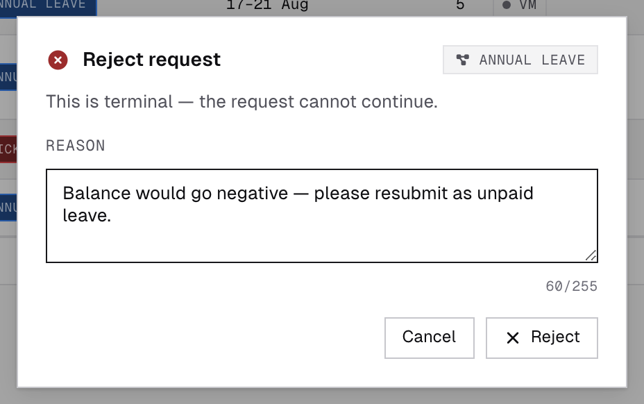 Reject dialog